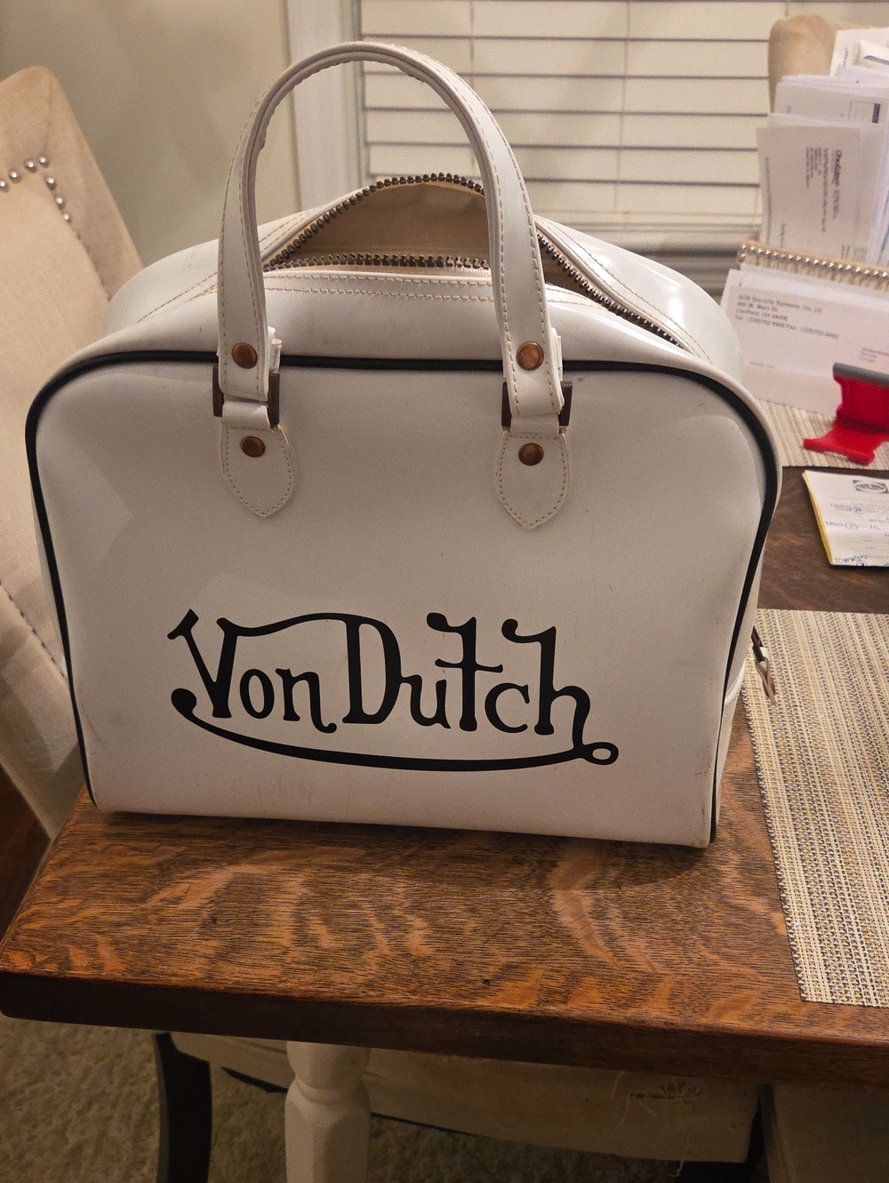 Vintage Von Dutch White Boxy Top-Handle Bag with Black Logo